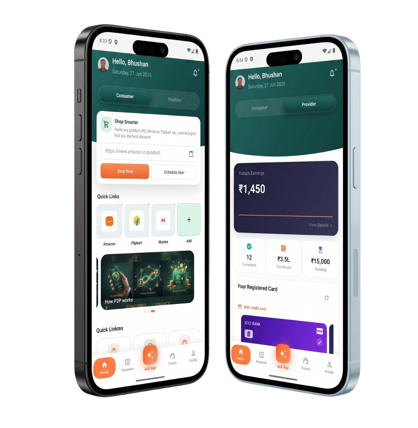 gigPe app showing bank offers and discounts on a shopping checkout